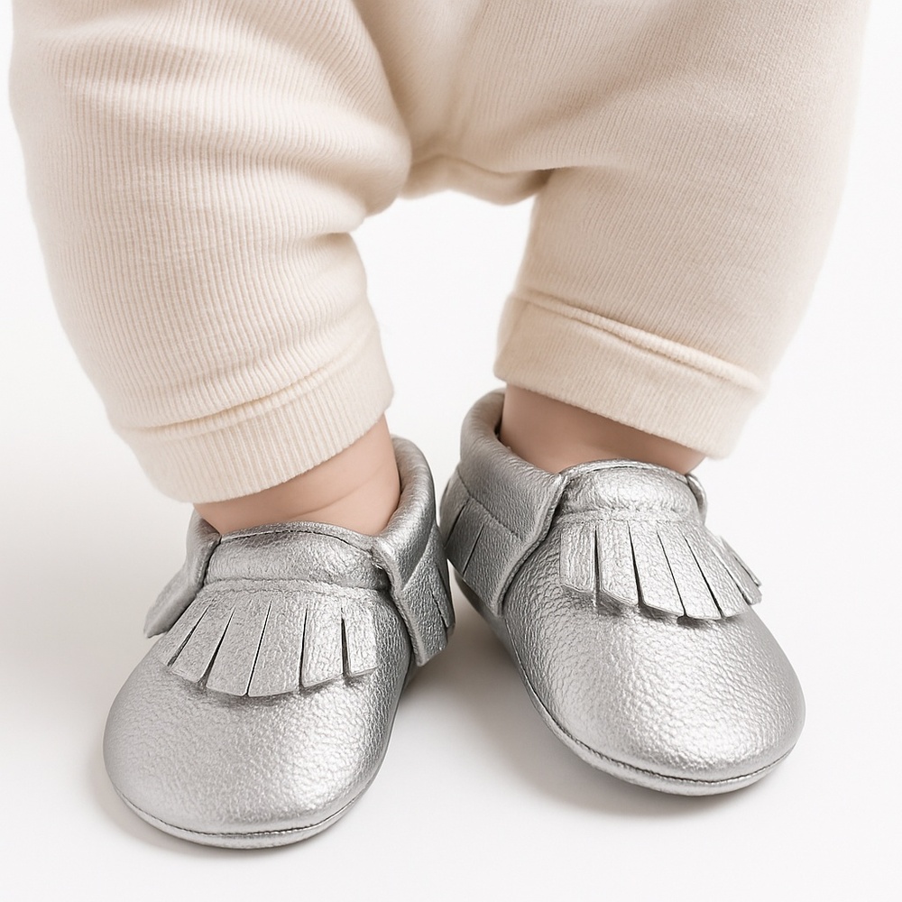 NWT Silver Genuine Leather Baby Moccasins - 6-12 Months